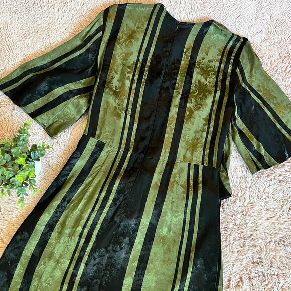 NWT Zara Woman Green & Black Stripe Print Faux Wrap Tie Front Dress - Small - Picture 10 of 15